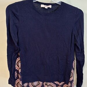 💥3/$15💥 LOFT Wms M Blue Mixed Media Sweater Solid W/ Printed Back & Shirttail